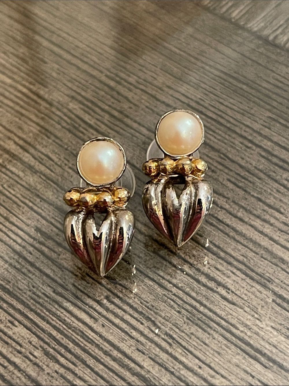 Vintage Faux Pearl Goldtone & Silvertone Heart Stacked Earrings
